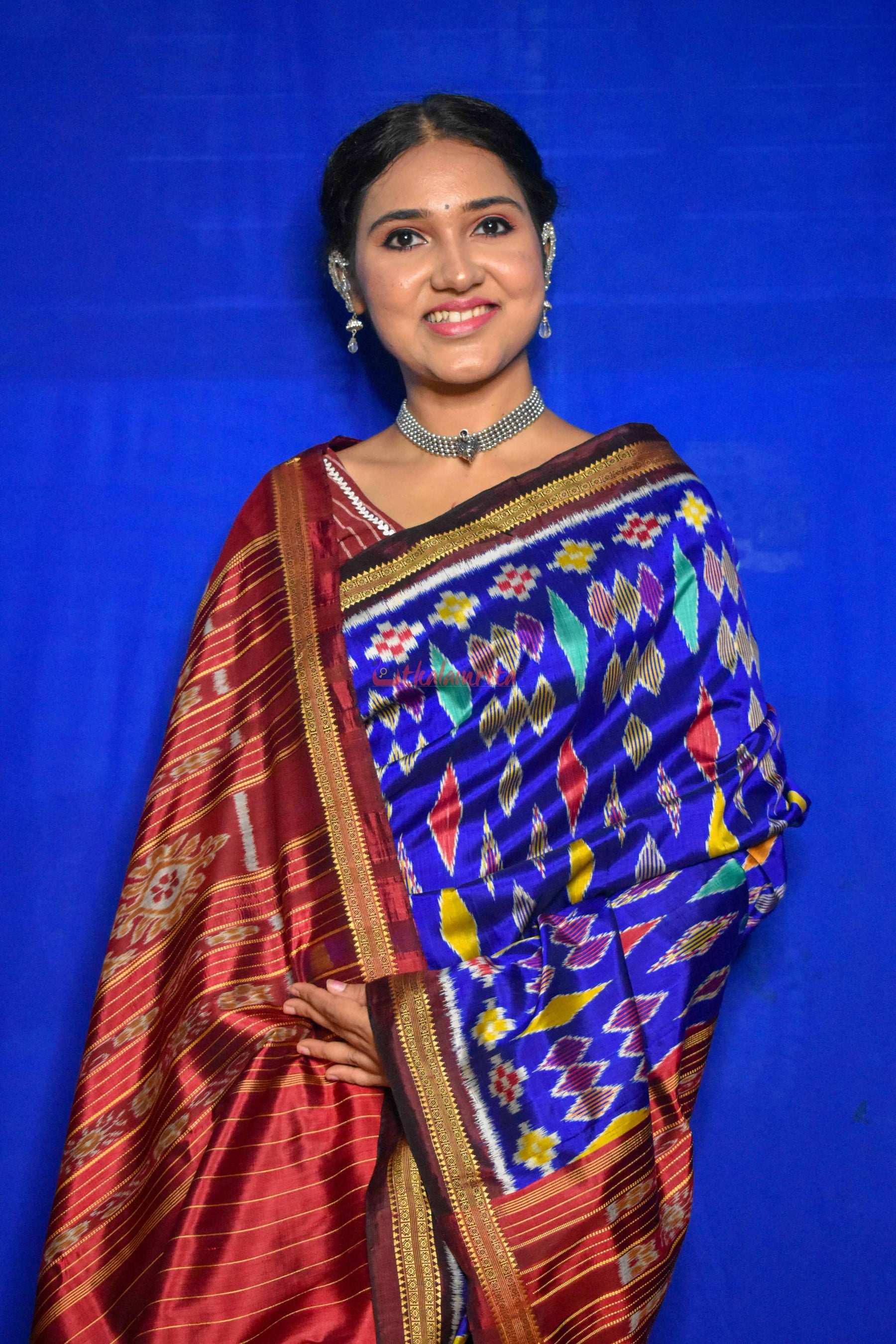 Blue geometry khandua silk saree