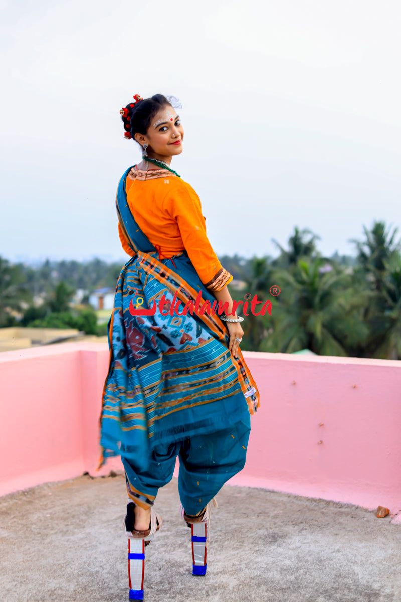 Teal Green Yellow Pittala Single Cotton Saree