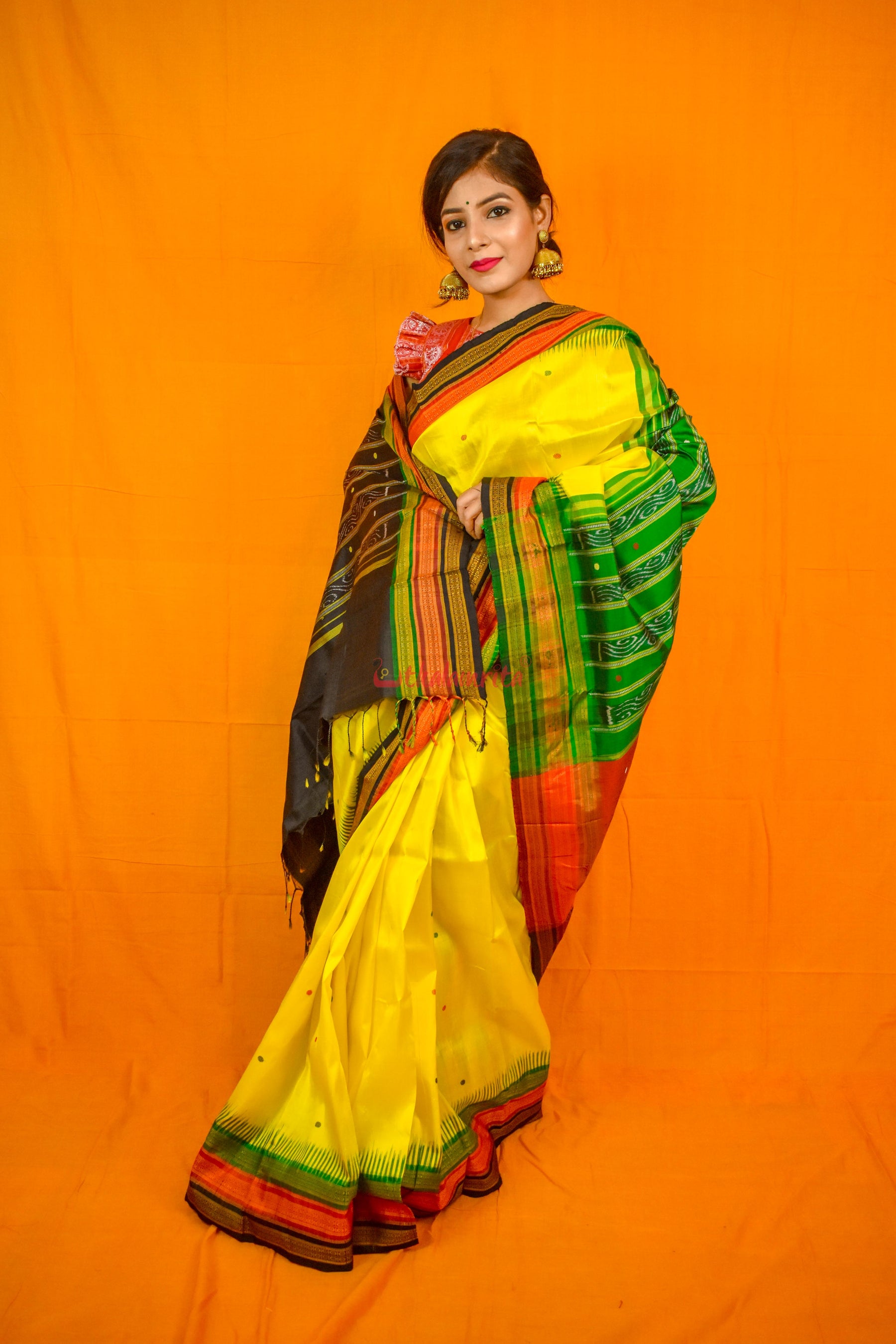 Lemon Yellow Kathifera Silk Saree