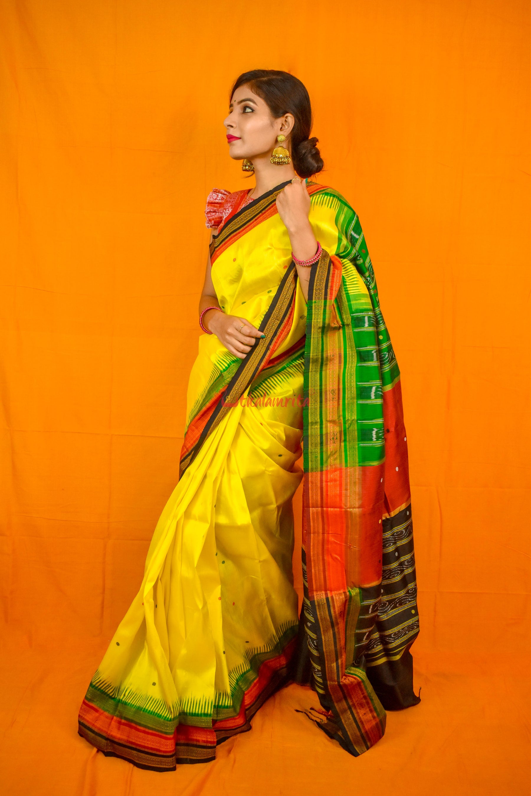 Lemon Yellow Kathifera Silk Saree