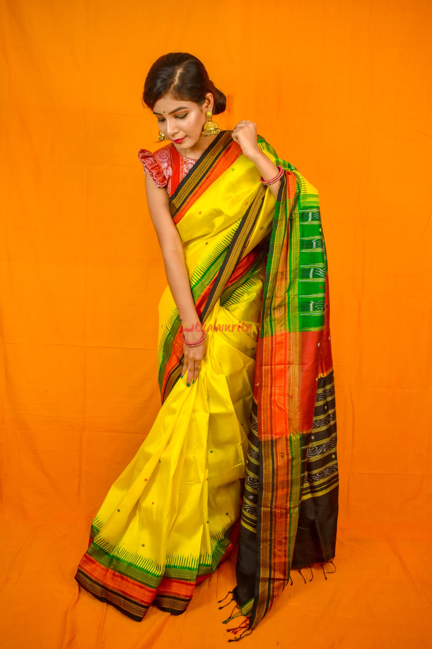 Lemon Yellow Kathifera Silk Saree