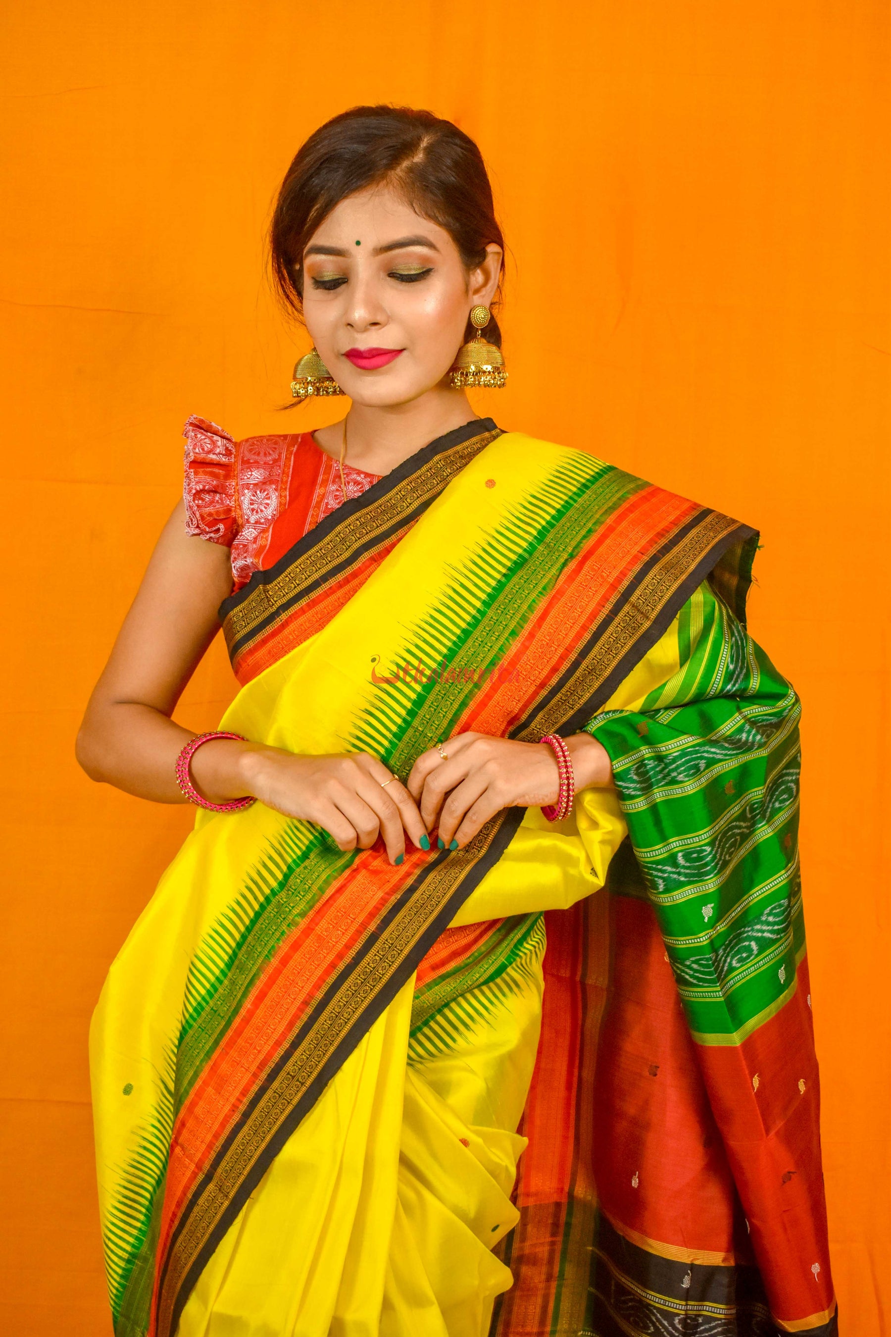 Lemon Yellow Kathifera Silk Saree