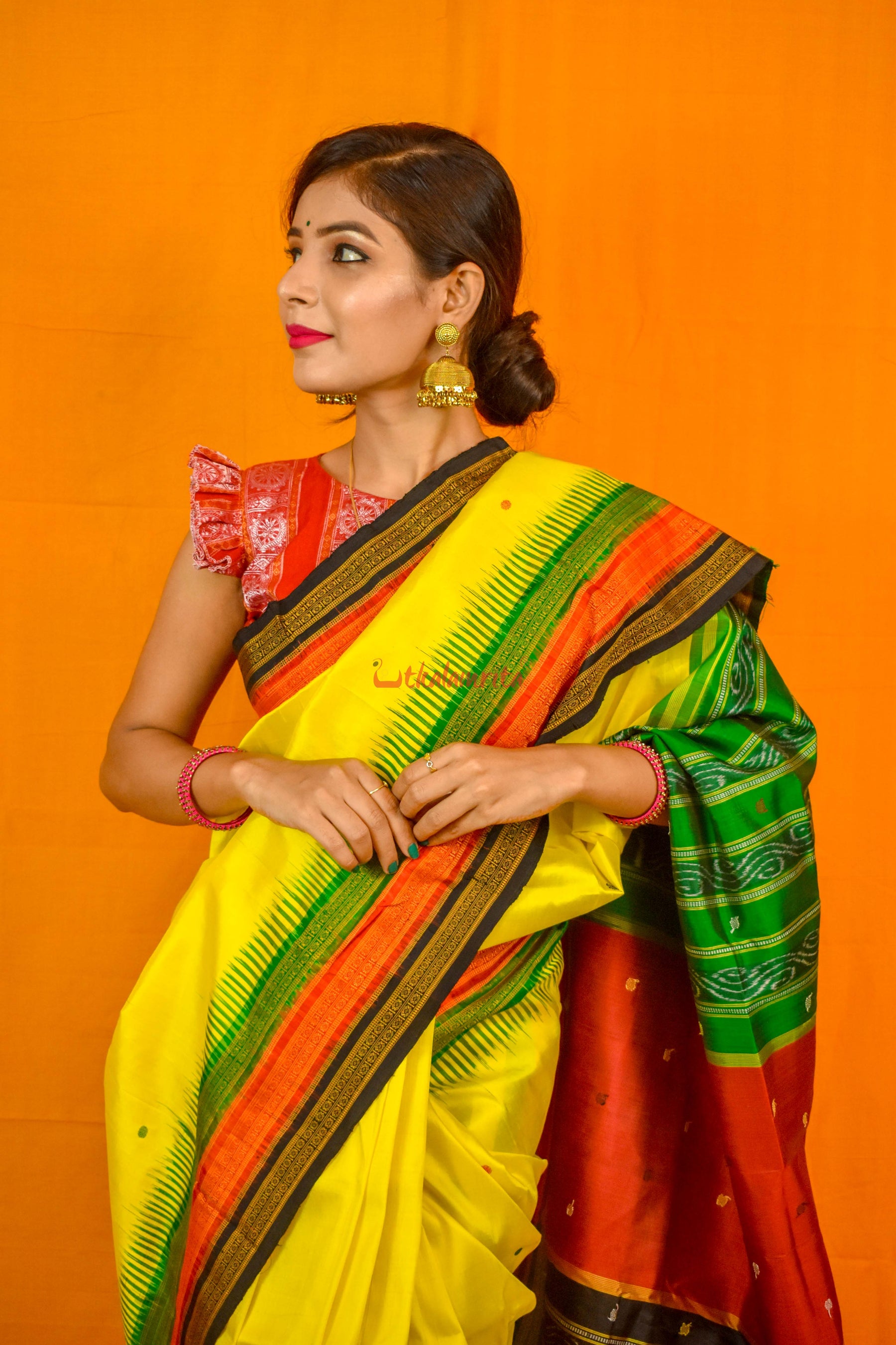 Lemon Yellow Kathifera Silk Saree