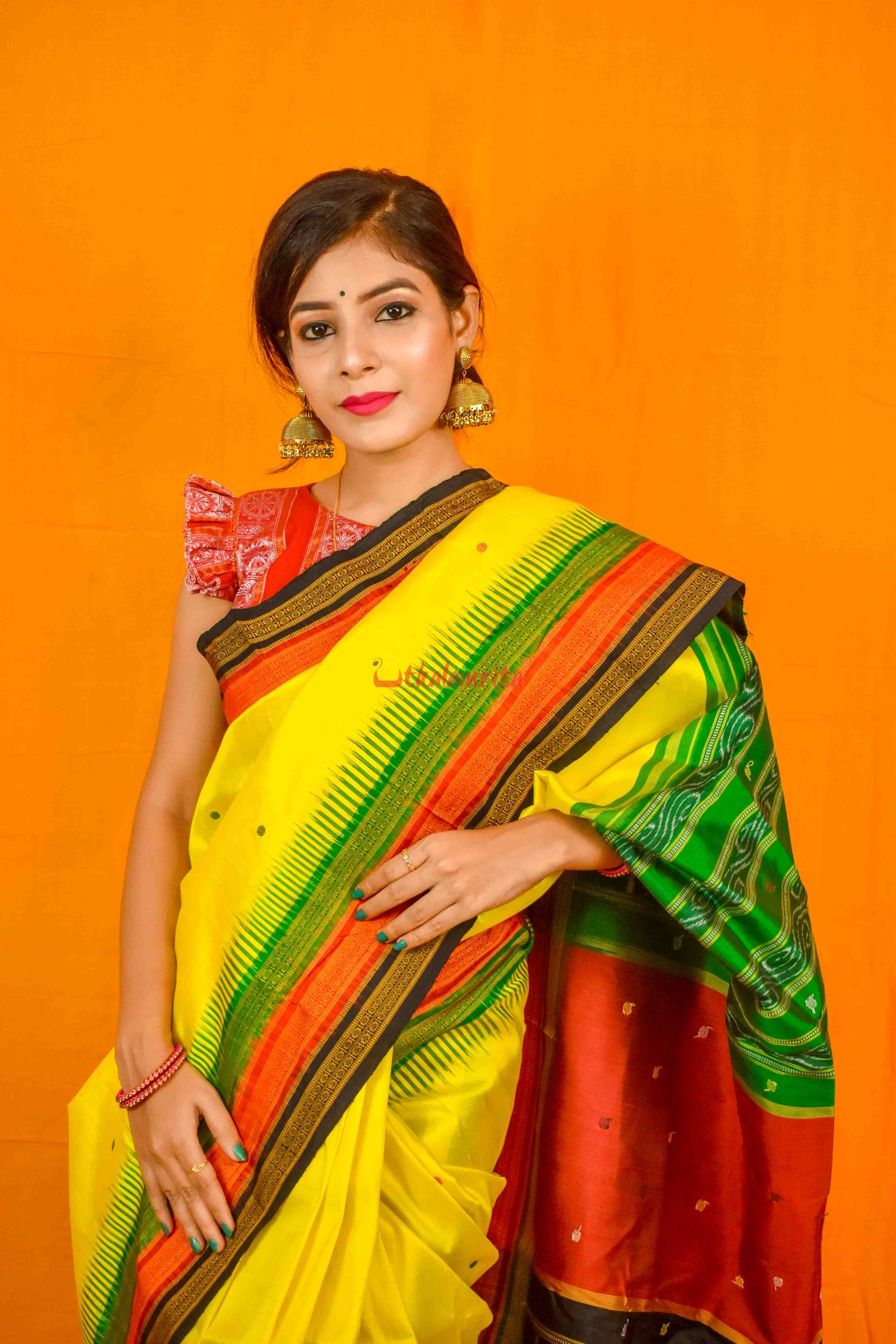 Lemon Yellow Kathifera Silk Saree