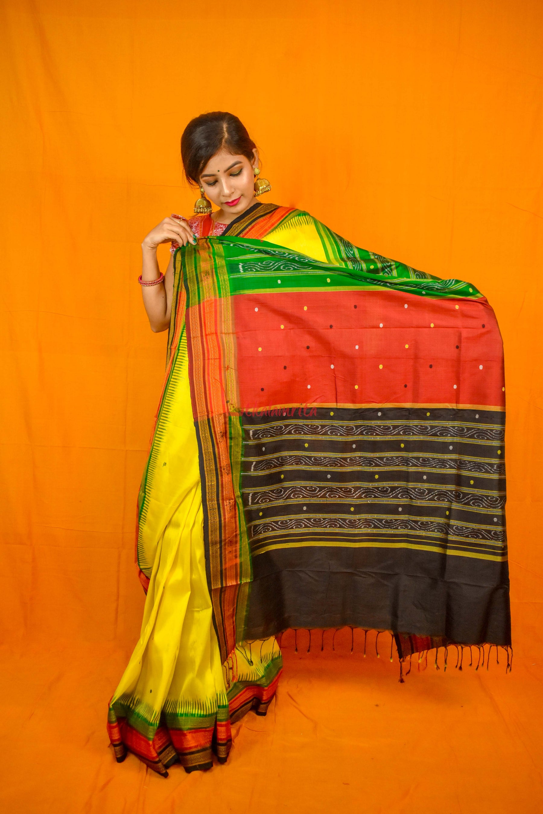 Lemon Yellow Kathifera Silk Saree