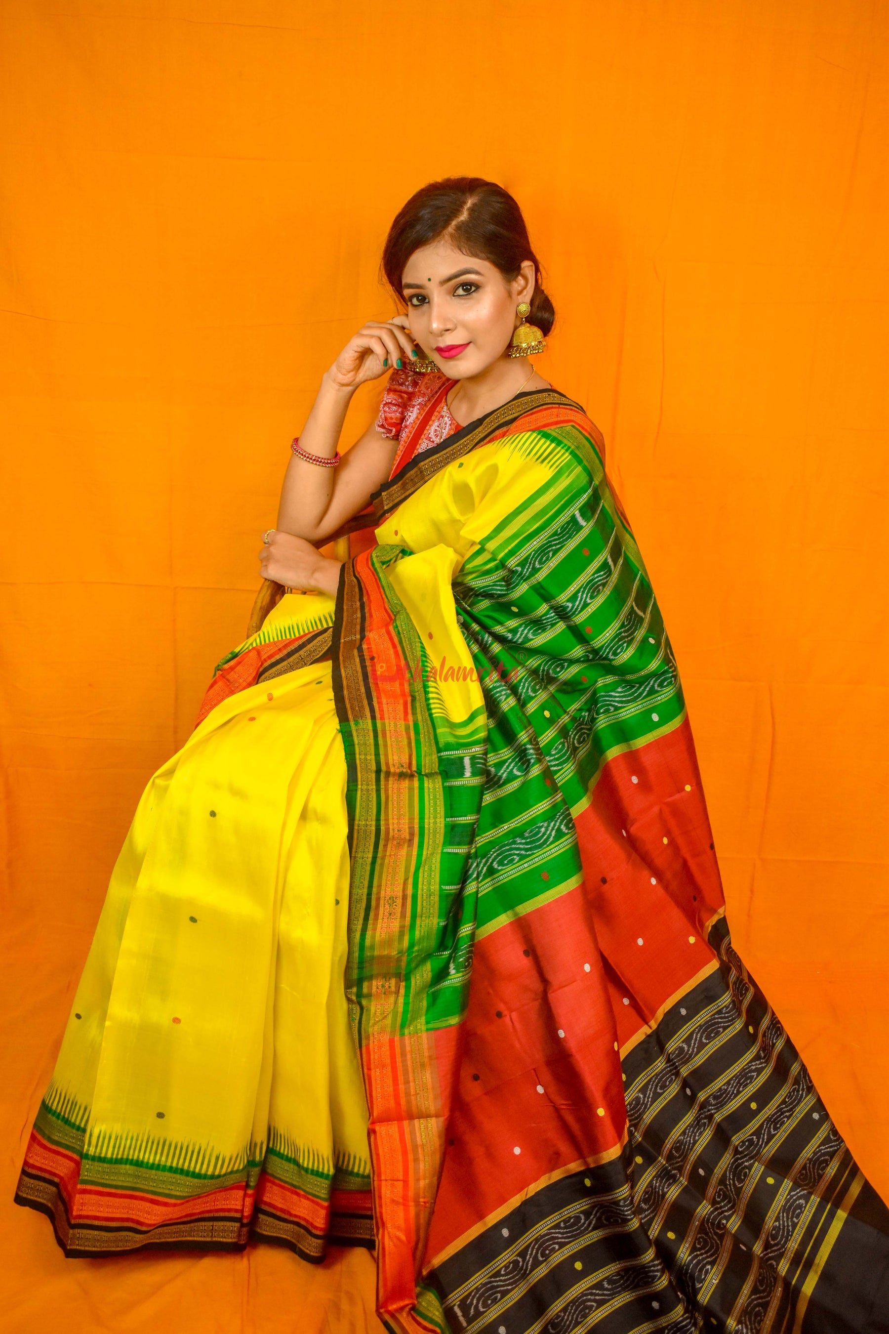 Lemon Yellow Kathifera Silk Saree