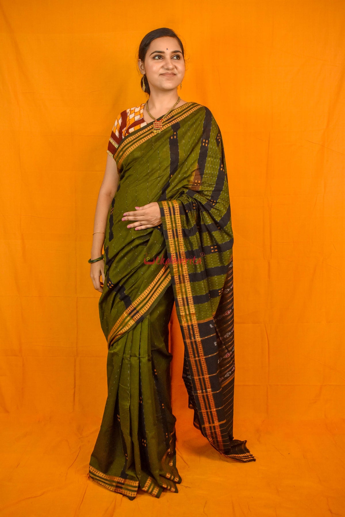 Mehndi Black Patta 4 Buti Saree