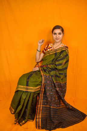 Mehndi Black Patta 4 Buti Saree