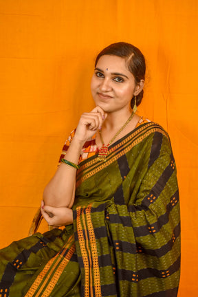 Mehndi Black Patta 4 Buti Saree